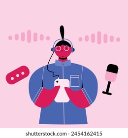 woman listening to podcast using headset from smartphone