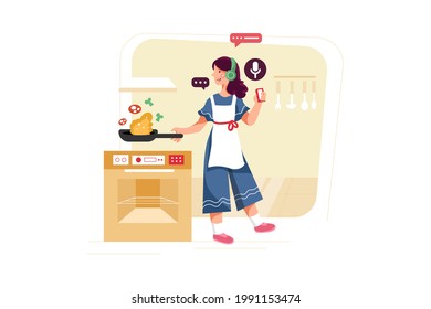 Mujer escuchando podcast mientras cocinaba el concepto Ilustración. Ilustración plana aislada en fondo blanco.