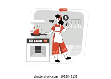 Woman listening to podcast while washing and cooking.