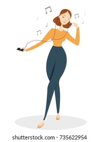 Woman listenng to music on white background.