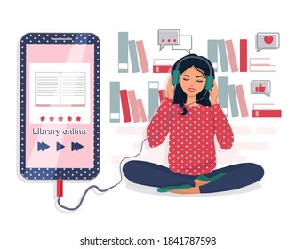A woman listens to an audiobook. The concept of online learning. Electronic library. Vector illustration.