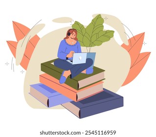 La mujer escucha el libro. Muchacha joven en auriculares se sienta en la pila de libros con el ordenador portátil. Amor por la literatura y la lectura. Educación y aprendizaje. Ilustración vectorial plana aislada sobre fondo blanco