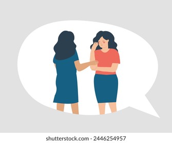 La mujer escucha a su amiga, la Asistencia y se solidariza con ella. Comunicación o chat entre un introvertido y un extrovertido. Concepto de amistad tóxica, empatía y comunicación poco saludable.