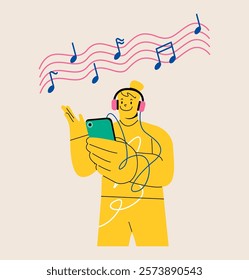 Woman listens to music on his phone with headphones. Colorful vector illustration