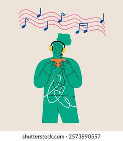 Woman listens to music on his phone with headphones. Colorful vector illustration