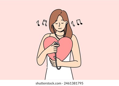 Woman listens to own heart using stethoscope to maintain spiritual harmony and psychological health. Positive girl with big heart takes care of cardio organs for improve well-being.