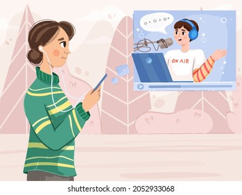 woman listens podcast while walking. vector hand drawn banner
