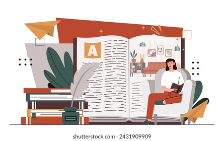 Woman with literature. Love for reading. Useful hobby and leisure. Young girl sitting at armchair with book. Education and learning. Cartoon flat vector illustration isolated on white background