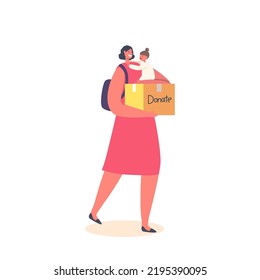 Woman with Little Baby on Hands Carry Carton Box with Donation or Humanitarian Aid. Mother with Package with Donating Things. Philanthropy Charity Organization Help People. Cartoon Vector Illustration