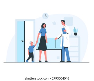 Woman and a little boy at the doctor's appointment. Vector concept medical illustration of a smiling young woman entering consulting room holding a child by the hand and male doctor greeting them