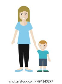 Woman and little boy isolated on white. Editabe element for shop design. Market shop interior, customer in mall, retail store, marketing. Part of series of people in supermarket interior. Vector