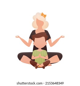 A woman and a little boy are sitting and doing yoga. Isolated. Cartoon style. Vector illustration