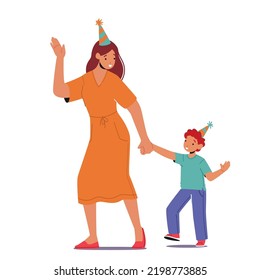 Woman and Little Boy Wear Festive Hats Celebrate Birthday Isolated on White Background. Mother with Son or Teacher with Baby Characters Holding Hands and Having Fun. Cartoon People Vector Illustration