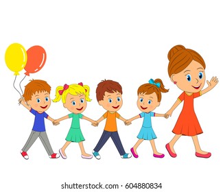 woman and little boys and girls go and holding hands, illustration,vector