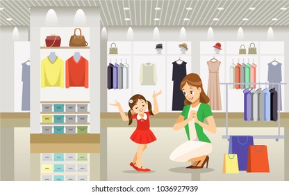 Woman and little girl choosing and trying on dress clothes during shopping at garment supermarket. Vector illustration