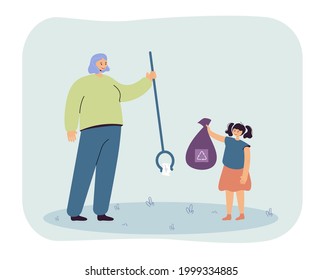 Woman and little girl collecting trash together. Flat vector illustration. Mom, daughter collecting scattered for its further processing. Ecology, nature, recycling, planet, family, education concept