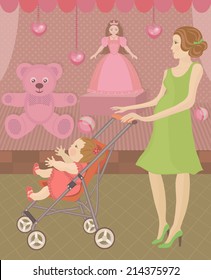 Woman and little girl. Mother with baby visit shop with toys. Funny shopping. Colorful Vector illustration.