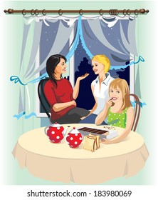 Woman with a little girl sitting at a table drinking tea with cake, talking.