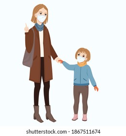 A woman and a little girl wearing face masks hold hands. The woman makes a warning gesture with her hand