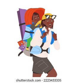 Woman with Little Kid on Back Hiking in the Mountains with Backpack Vector Illustration
