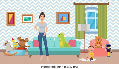 Woman and little son at home in flat interior vector illustration. Modern decorated clean comfortable cozy living or kids room with sofa, armchair and toys. Child sitting with paints.