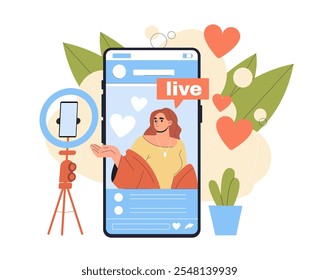 Mulher com blog ao vivo. Menina jovem na tela do smartphone. Personalidade popular filma conteúdo interessante para redes sociais e hospedagens de vídeo. Vlogueiro e influenciador. Ilustração de vetor plano