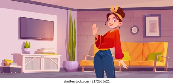 Woman in living room with couch, tv set and stand with books. Vector cartoon illustration of cozy house or apartment interior in rustic style and girl with hairband waving hand