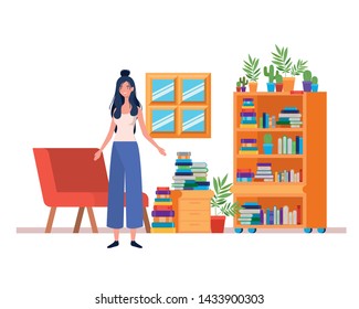 woman in the living room with desk and books