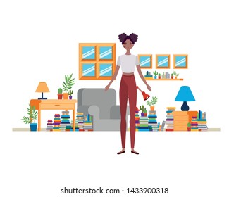 woman in the living room with desk and books