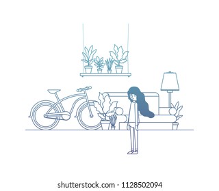 woman in the living room with houseplants scene