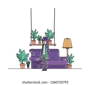 woman in the living room with houseplants scene