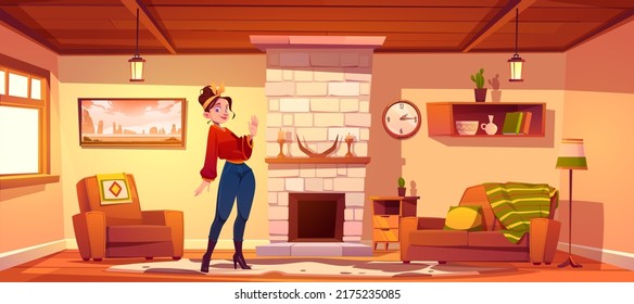 Mujer en sala de estar de estilo rústico con chimenea y muebles de época. Dibujo vectorial de la acogedora casa interior con sofá, silla, alfombra en el suelo y muchacha con la mano ondulada de la peluca