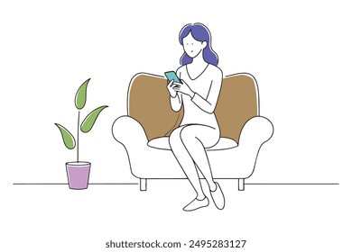 woman in Living room and she looking at her phone, Hand drawn offset fill with doodle illustration