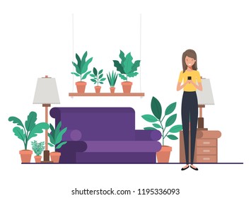 woman in living room with smartphone avatar character