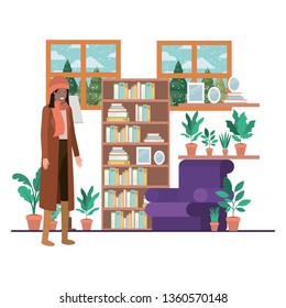 woman living room with view the landscape by window