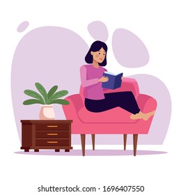 woman in livingroom reading book scene vector illustration design