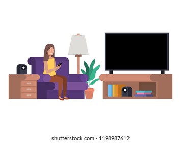 woman in the livingroom with smartphone avatar character