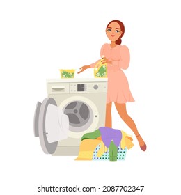 The woman loaded the dirty clothes into the drum of the washing machine. Man and household appliance. Vector illustration in flat plane style isolated on white background.