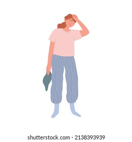 Woman loaded with household duties. A sad, tired young girl after cleaning. An unhappy housewife tired of housework. Vector flat illustration on a white isolated background.