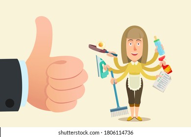 The woman is loaded with tasks at home. Good housekeeper - wife, concept. Big thumb up gesture for housewife with lot of home works. Vector illustration, flat cartoon style, isolated background.