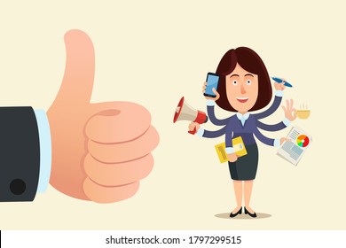 The woman is loaded with tasks at work. Boss encourage overwork and overtime. Big thumb up gesture for woman with lot of works. Business vector illustration, flat cartoon style, isolated background.