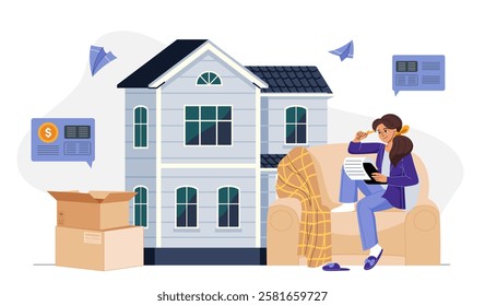 Woman with loader service. Young girl sits near house and cardboard boxes. Relocation and immigration. Woman arrives to new apartment with things. Flat vector illustration