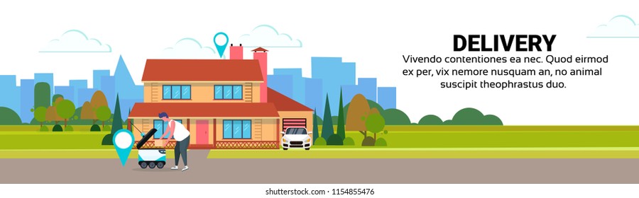 woman loading box robot self drive fast delivery goods geo tag house yard exterior background city car robotic carry concept horizontal banner copy space flat vector illustration