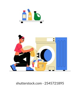 Woman Loading Clothes Into Washing Machine With Detergents On Shelf In Flat Vector Illustration Symbolizing Laundry Preparation And Cleaning, Isolated On White Background