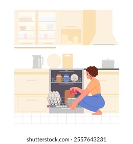 Woman loading dishwasher in the kitchen flat vector illustration. House chores.