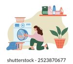 Woman loading laundry into washing machine. Young woman doing housework. Housewife in laundry room. Flat vector illustration of laundry room