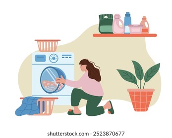 Mujer que carga la ropa sucia en la lavadora. Mujer joven haciendo tareas domésticas. Ama de casa en lavadero. Ilustración vectorial plana de lavadero