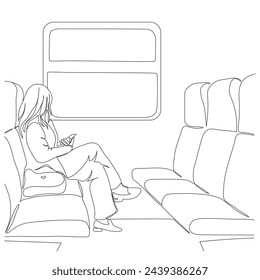 Woman in local train sitting and looking through window. Holding mobile phone in hands. Black and white vector illustration in line art style.