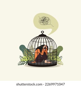 Woman lock in birdcage, need psychological help illustration or social isolation concept