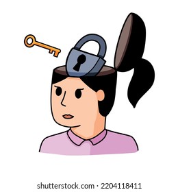 Woman with lock in his head. Concept of reception of psychologist and psychiatrist. Solving mental problems, Psychotherapeutic counseling. Patient with psychological trouble
